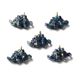 Transparent Resin Pendants, Stegosaurus Dinosaur Charms, with Natural Opal and Dyed Imperial Jasper, Golden