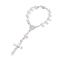 Religious Prayer Imitation Pearl Beaded Rosary Bracelet, Virgin Mary Crucifix Cross Long Charm Bracelet for Easter