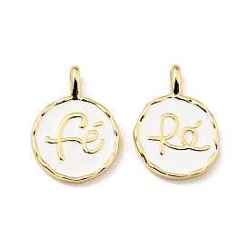 Brass Enamel Charms, Cadmium Free & Lead Free, Flat Round with Words Fe, Long-Lasting Plated