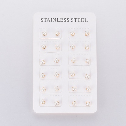 304 de acero inoxidable aretes, con cuentas acrílicas de perlas de imitación y tuercas / aretes, rondo