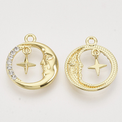 Alloy Pendants, with Crystal Rhinestone, Flat Round with Star and Moon