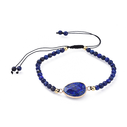 Bracelets de perle tressés de pierres précieuses naturelles réglables, avec les accessoires en laiton, facette