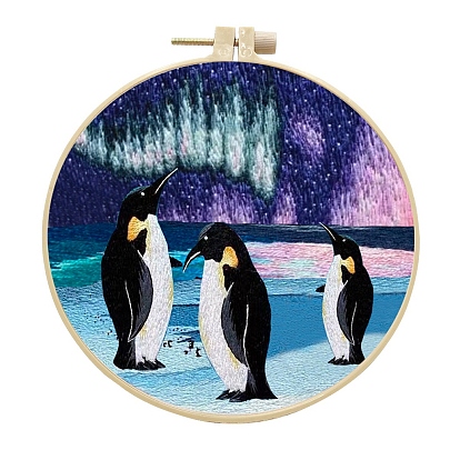 Mountain/Flower/Penguin Pattern DIY Embroidery Kits for Beginner, Including Printed Fabric, Embroidery Thread & Needles & Hoop, Threader, Instruction