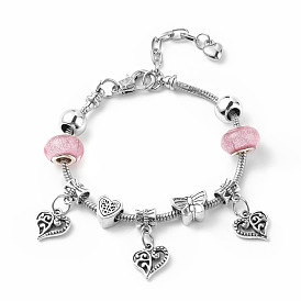 Bracelet européen en alliage de charme de coeur avec des chaînes de serpent, bracelet en perles rondes et papillons en plastique pour femme, argent antique et platine