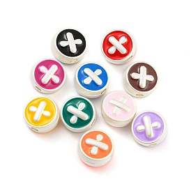 Alloy Enamel Beads, Matte Silver Color, Flat Round with Cross Pattern