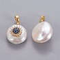 Natural Cultured Freshwater Pearl Pendants, with Brass Micro Pave Cubic Zirconia Findings, Nuggets with Flower, Long-Lasting Plated, Golden