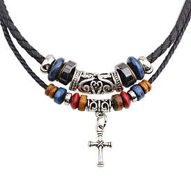 Плетеное двухслойное ожерелье из искусственной кожи, кулон из сплава corss для женщин