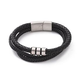 Bracelet trois rangs cordon tressé en microfibre noire avec 304 fermoirs magnétiques en acier inoxydable, bracelet punk en perles de colonne pour hommes femmes