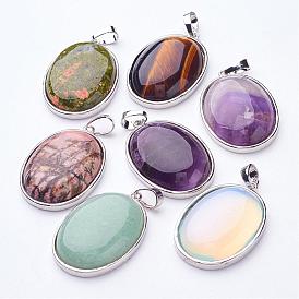 Gemstone Pendants, with Alloy Finding Settings, Oval, Platinum Metal Color, 35x24x8mm, Hole: 4x6mm