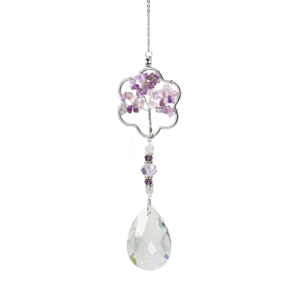 K9 grandes décorations pendantes en verre de cristal, capteurs de soleil suspendus, avec des perles de puces améthyste, fleur avec arbre de vie