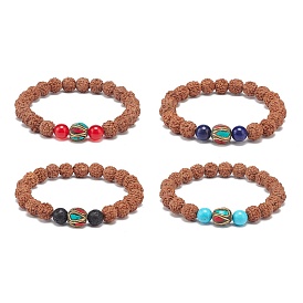 4Pcs 4 Style Natural Rudraksha Mala Bead Bracelets Set, Natural Mixed Gemstone & Indonesia Stackable Stretch Bracelets for Women