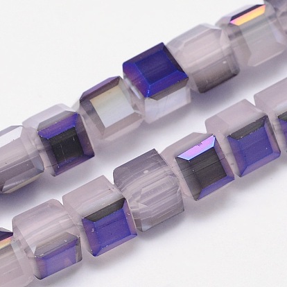 Imitation Jade Faceted Cube Half Rainbow Plated Electroplate Glass Beads Strands