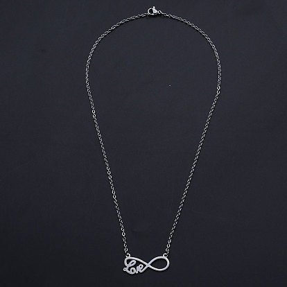 Tema del día de San Valentín, 201 de acero inoxidable collares pendientes, con cadenas por cable y broches pinza de langosta, Infinito con la palabra amor