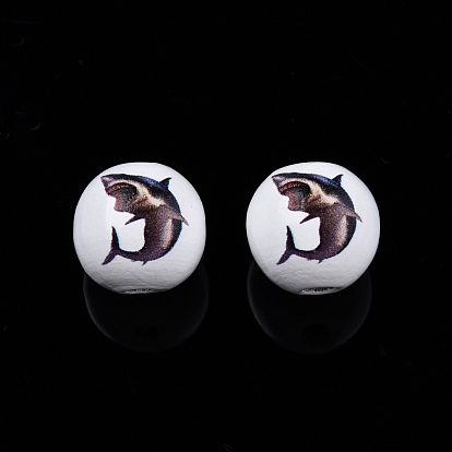 Perles en bois imprimées sur le thème des animaux, rond avec motif requin/âne/hippopotame/éléphant/singe/ours/tigre/lion/girafe/renard/vache