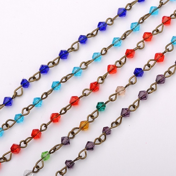 Handmade Bicone Glass Beads Chains for Necklaces Bracelets Making, with Antique Bronze Iron Eye Pin, Unwelded, 39.3 inch