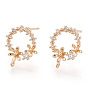 Brass Micro Pave Clear Cubic Zirconia Stud Earring Findings, with Loop, Nickel Free, Ring with Flower