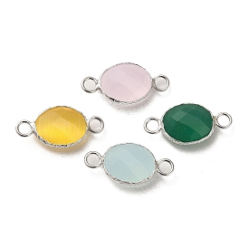 925 Sterling Silver Connector Charms, with Faceted Glass, Oval, Real Platinum Plated