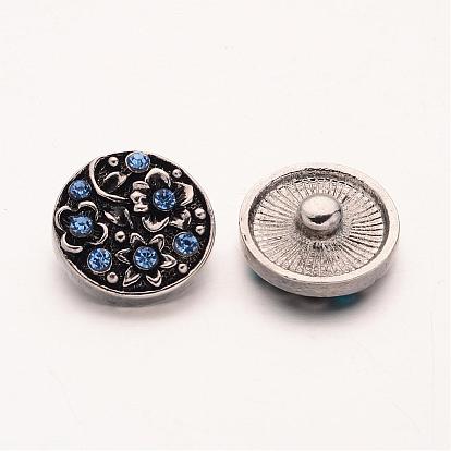 Plat rond avec des boutons bijoux en alliage de zinc-pression de style mixte, avec strass, argent antique, 20~22x11mm, Bouton: 5~5.5 mm