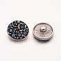 Plat rond avec des boutons bijoux en alliage de zinc-pression de style mixte, avec strass, argent antique, 20~22x11mm, Bouton: 5~5.5 mm