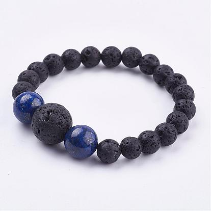 Bracelets élastiques de pierres précieuses naturelles, avec des perles de pierre de lave naturelle, ronde