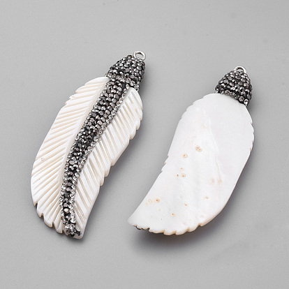 Freshwater Shell Pendants, with Rhinestone, Feather