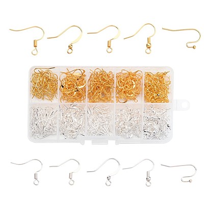Five Styles Brass Earring Hooks, with Horizontal Loop, Golden and Silver, 16~21x12~19mm, Hole: 2mm, 22 Gauge, Pin: 0.6mm, about 40pcs/compartment, 400pcs/box
