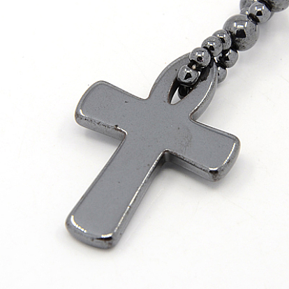 Mens Saint Ankh Cross Magnetic Synthetic Hematite Pendant Necklaces, Easter Mass Pray Jewelry, with Brass Magnetic Clasps, 18.1 inch 