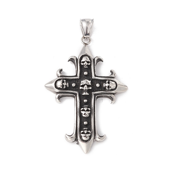 304 Stainless Steel Big Pendant, Cross with Skull