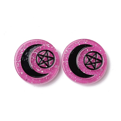 Resin Cabochons, with Glitter Powder, Flat Round with Moon & Pentagram Pattern