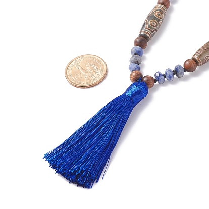 108 Mala Beads Necklace with Tassel, Natural Wood & Blue Spot Jasper & Agate Beaded Necklace, Meditation Prayer Jewelry for Women