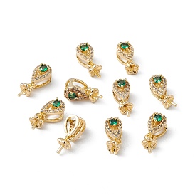 Brass Cubic Zirconia Cup Pearl Peg Bails Pin Pendants, with Glass Rhinestone, Teardrop, for Half Drilled Beads