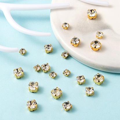 3 style coudre sur strass, strass de verre, Montée perles, avec griffes en laiton, accessoires de vêtements, plat rond, cristal