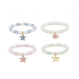 4Pcs 4 Styles Ocean Theme Alloy Enamel Stretch Charm Bracelets, with Round Glass Beads, Starfish/Fish, Golden
