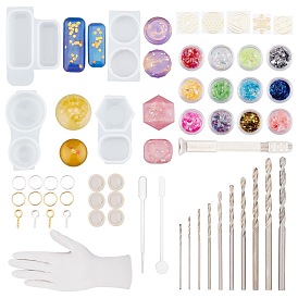 DIY Wish Stone Silicone Pendant Molds Kits, Resin Casting Molds, for UV Resin, Epoxy Resin Jewelry Making, with Brass Stickers, Iron Screw Eye Pin Peg Bails, Plastic Findings, Nail Art Sequins