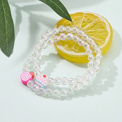Transparent Acrylic Beaded Stretch Kids Bracelets, with Polymer Clay Beads, Cake