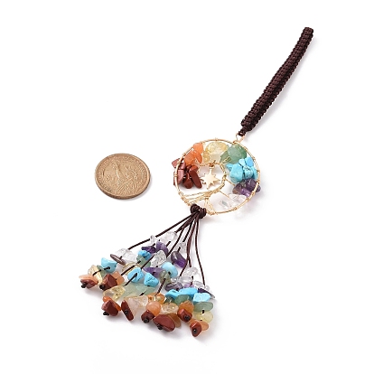 Wire Wrapped Chips Natural Gemstone Big Pendant Decorations, with Red Copper Plated Brass Wires and Nylon Cord, Flat Round with Tree of Life & Moon with Star