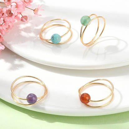 4 piezas 4 conjunto de anillos de dedo con cuentas redondas de piedras preciosas mixtas naturales y sintéticas de estilo, anillos apilables cruzados de cobre dorado