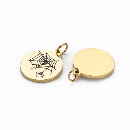 Ion Plating(IP) 316 Surgical Stainless Steel Enamel Charms, with Jump Rings, Laser Cut, Cadmium Free & Nickel Free & Lead Free, Flat Round with Spider Web