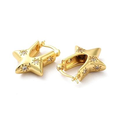Clear Cubic Zirconia Star Hoop Earrings, Brass Jewelry for Women