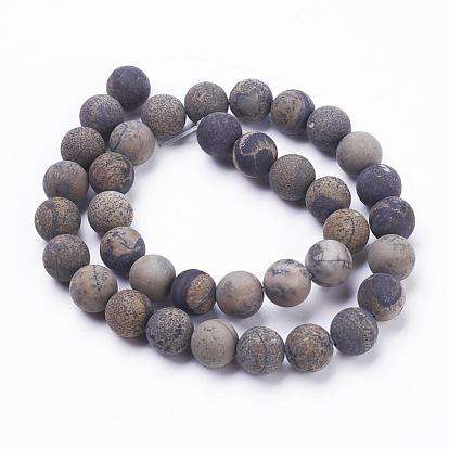 Natural Dendritic Jasper Beads Strands, Frosted, Round