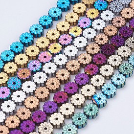 Electroplate Non-magnetic Synthetic Hematite Beads Strands, Flat Round with Flower