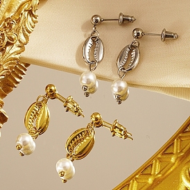 304 Stainless Steel Dangle Stud Earrings, Natural Pearl Beaded Earrings, Shell Shaped