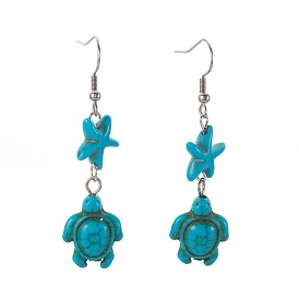 Synthetic Turquoise Beads Dangle Earrings, with Iron Finding and Stainless Steel Earring Hooks, Tortoise