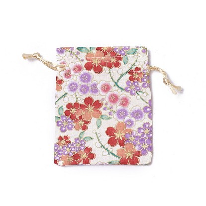 Sachets d'emballage de jute, sacs à cordonnet, rectangle avec motif de fleurs
