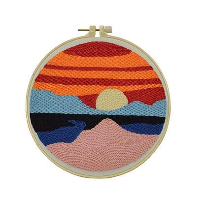 Sun/Mountain/Cat Pattern Punch Embroidery Beginner Kit, including Instruction Sheet, Yarn, Punch Pen, Cotton Cloth, Plastic Embroidery Hoop & Needle