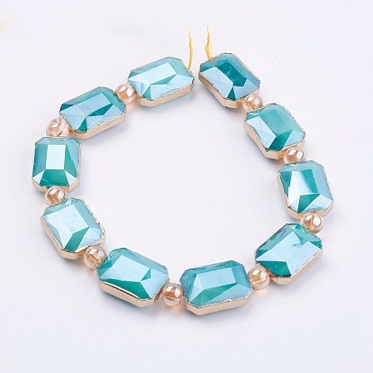 Opaque Glass Beads Strands, with Brass Findings, Pearl Luster Plated, Faceted, Rectangle