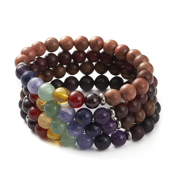 Chakra Jewelry, Natural Wood Beads Stretch Bracelets, with Natural Gemstone Beads and 304 Stainless Steel Spacer Beads, Round