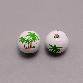 Spray Painted Natural Wood Beads, Round with Green Coconut Tree Pattem