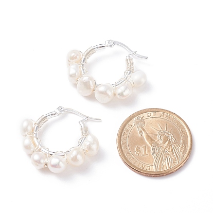 Aretes de aro con cuentas envueltos en alambre de perla natural para mujer, plata