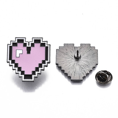 Alloy Brooches, Enamel Pin, with Brass Butterfly Clutches, Heart, Gunmetal